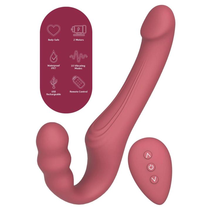 Bezpasowy strap-on wibrator podwójny z pilotem i 2 silnikami, silikon IPX7
