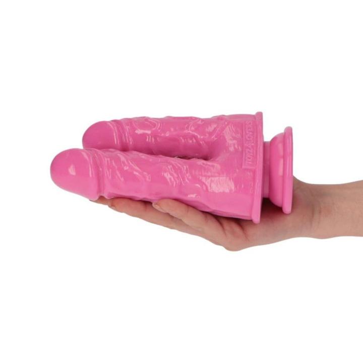 Podwójne dildo z przyssawką pink do stymulacji waginalnej i analnej