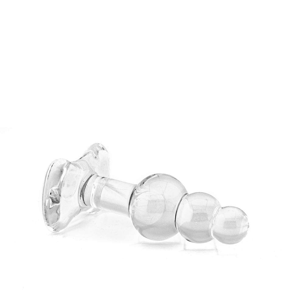 Przezroczysty szklany korek analny wykonany z 3 kulek – średnica 3,5 cm