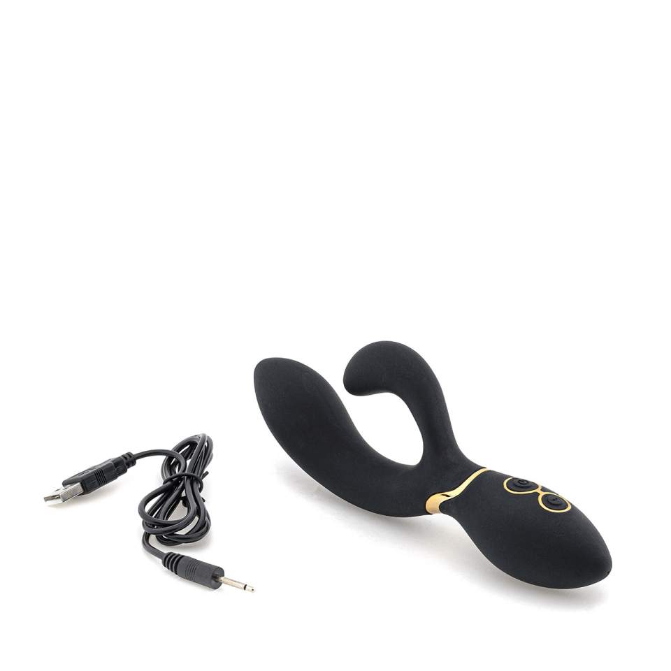 Czarny silikonowy wibrator królik ze stymulacją łechtaczki i silnymi wibracjami