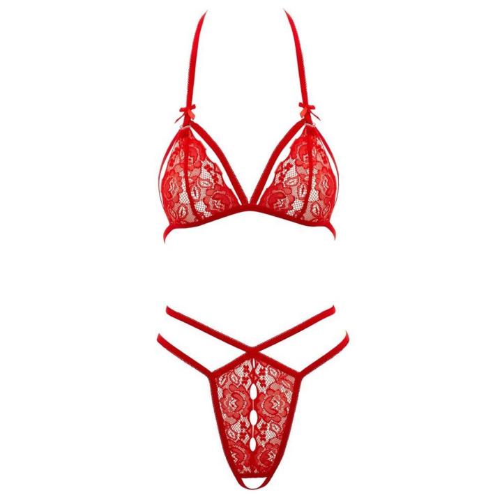 Czerwony koronkowy komplet bielizny – biustonosz halter i stringi ouvert