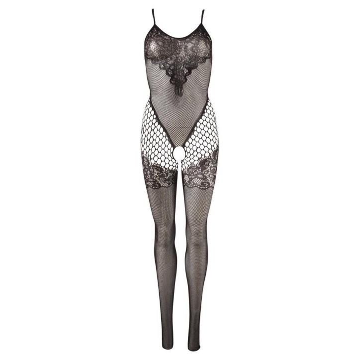 Czarny bodystocking S-L z koronkowym efektem i otwartym krokiem