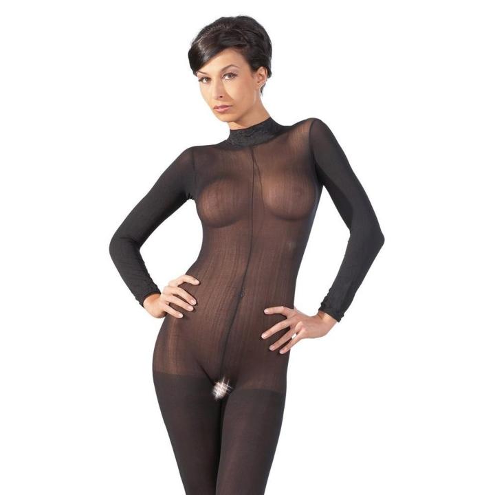 Bodystocking  z koronkowym kołnierzem i otwartym kroczem
