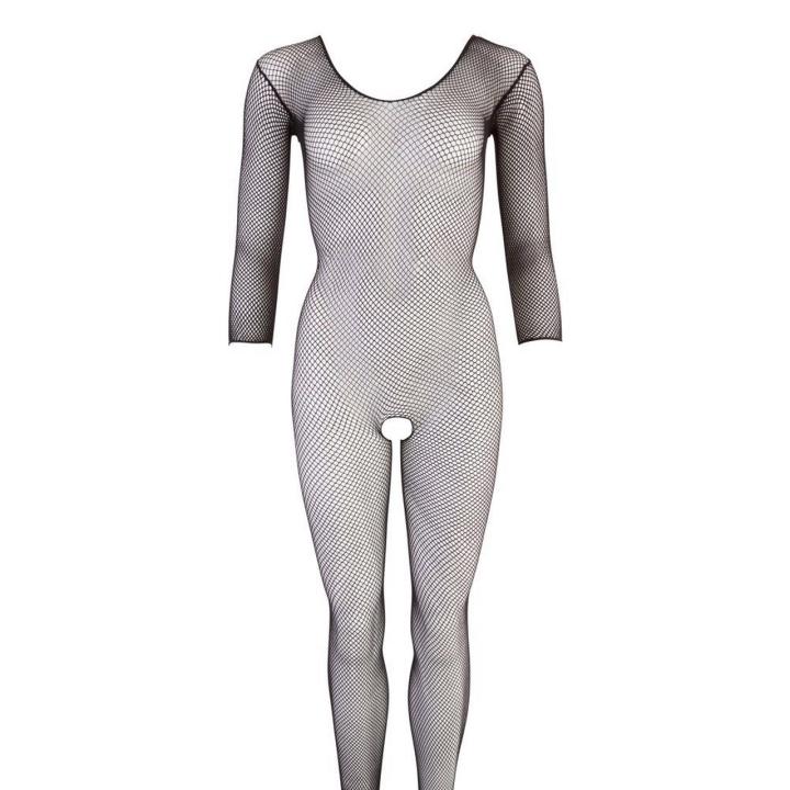 Czarny bodystocking z siateczki S-L z otwartym krokiem i stopami