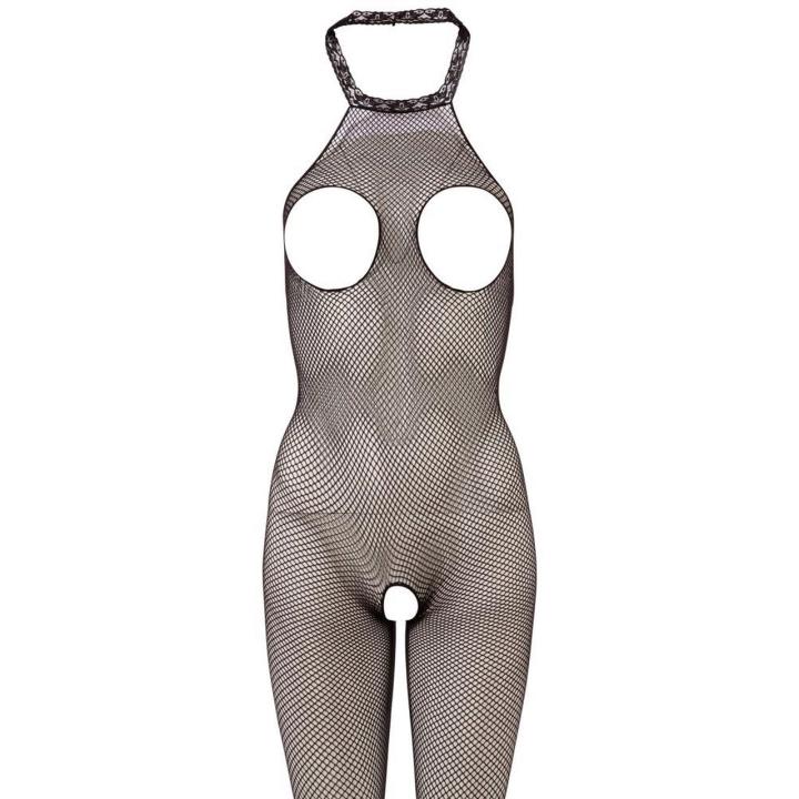 Czarny bodystocking z siateczki S-L z otwartym biustem i kroczem