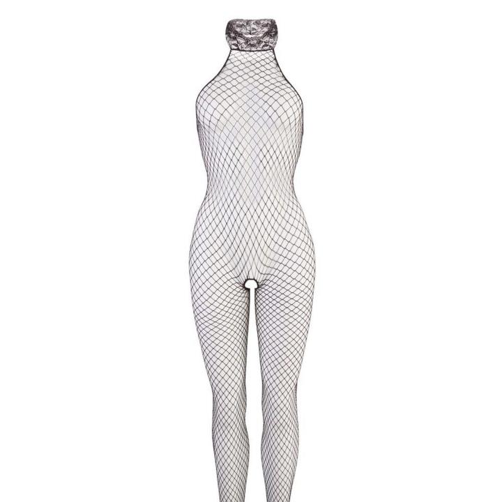 Czarny bodystocking z siateczki z koronkowym kołnierzem