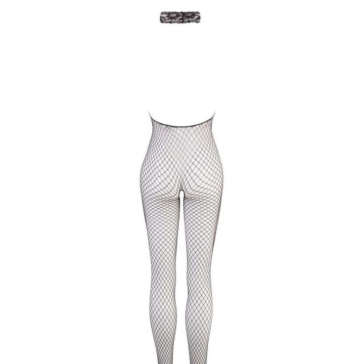 Czarny bodystocking z siateczki z koronkowym kołnierzem