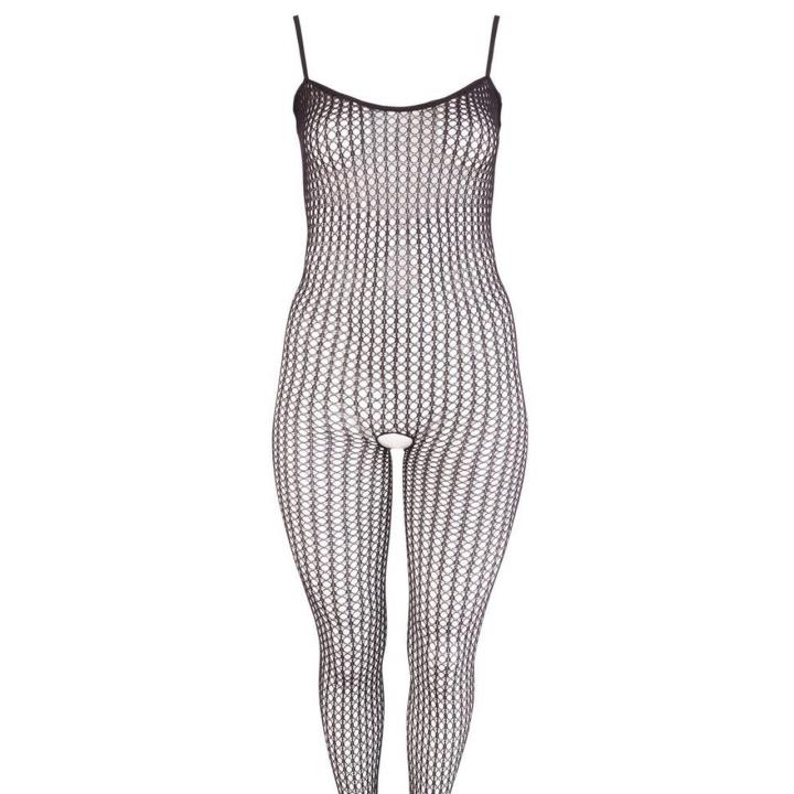 Czarny bodystocking z siateczki z otwartym kroczem i stopą
