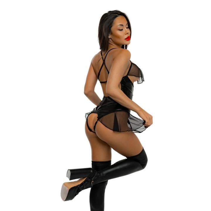 Czarne body wetlook z transparentnymi falbankami przy biuście rozmiar S