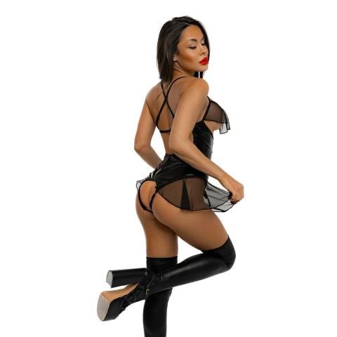 Czarne body wetlook z transparentnymi falbankami przy biuście rozmiar S