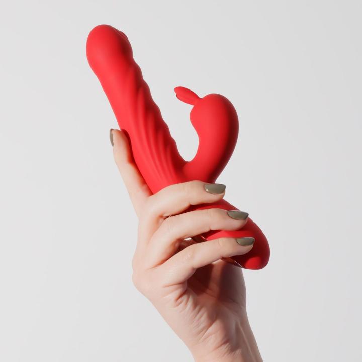 Wibrator króliczek z ruchem posuwistym i wibracjami czerwony 21,5 cm