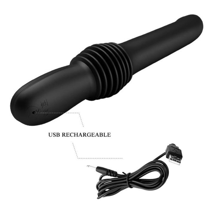 Wibrator  waginalno-analny z ruchem pchającym 7 cm USB - czarny silikon