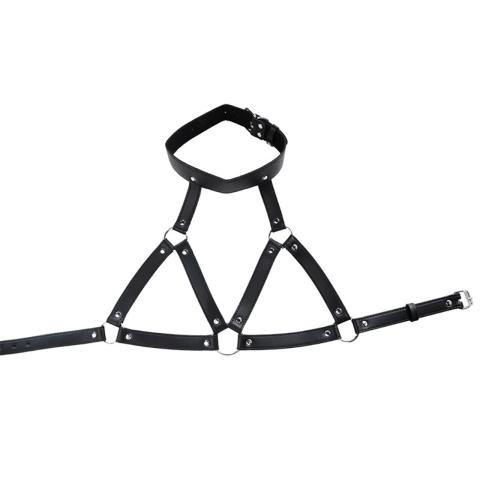 Regulowany harness na szyję i klatkę piersiową z PU skóry i metalu