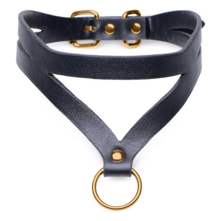 Obroża BDSM z eko skóry z o-ringiem złotym, regulacja 34–41 cm