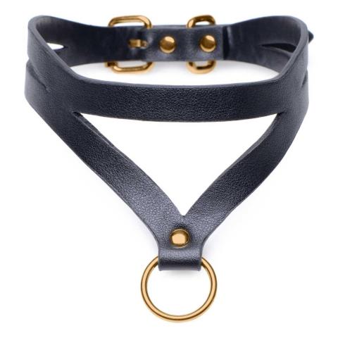 Obroża BDSM z eko skóry z o-ringiem złotym, regulacja 34–41 cm