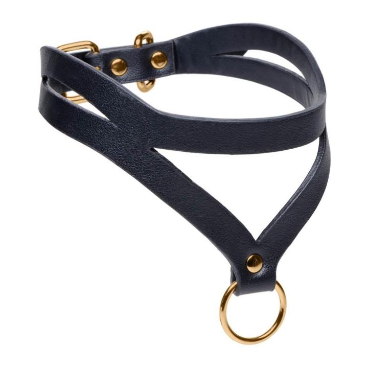 Obroża BDSM z eko skóry z o-ringiem złotym, regulacja 34–41 cm