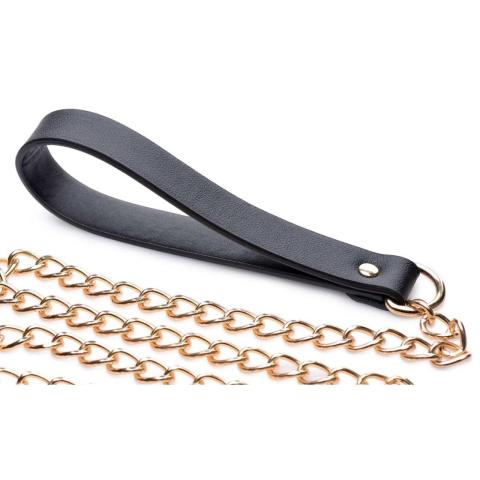 Smycz BDSM ze skóry ekologicznej ze złotym łańcuchem 99 cm