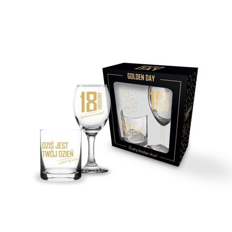Zestaw na 18 urodziny: szklanka do whisky i kieliszek ze złotym nadrukiem