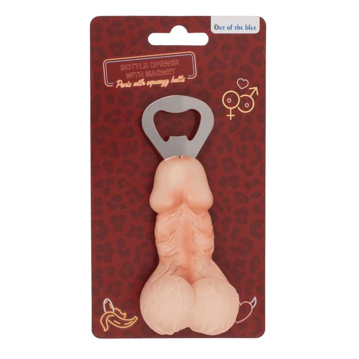 Otwieracz do butelek penis z magnesem i miękkimi jądrami antystresowymi