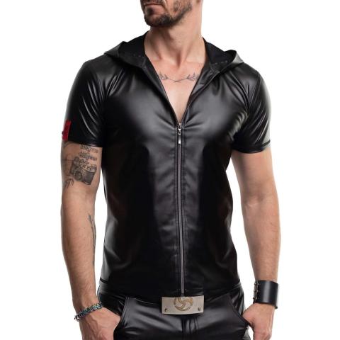 Męski t-shirt wetlook z kapturem i zamkiem czarny