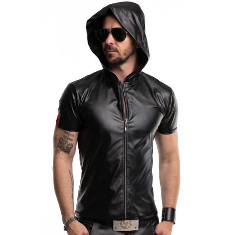 Męski t-shirt wetlook z kapturem i zamkiem czarny