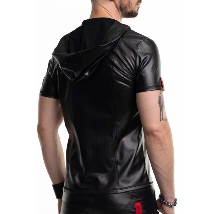 Męski t-shirt wetlook z kapturem i zamkiem czarny