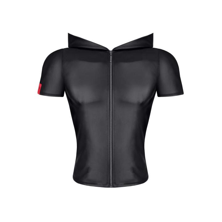 Męski t-shirt wetlook z kapturem i zamkiem czarny
