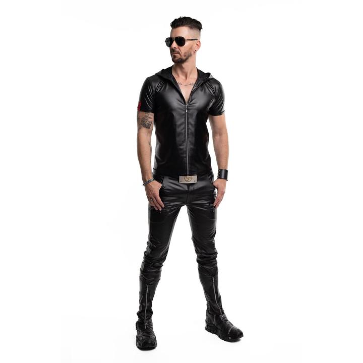 Męski t-shirt wetlook z kapturem i zamkiem czarny