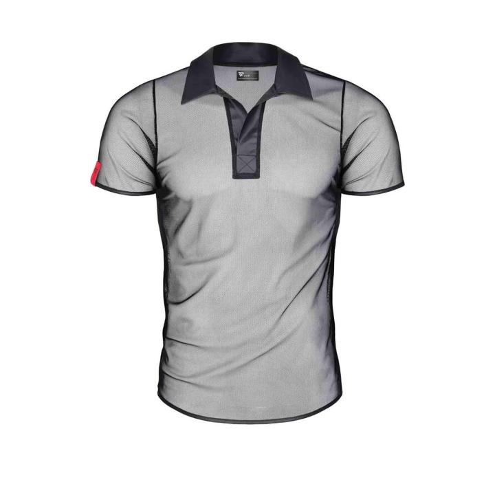 Transparentna koszulka polo męska z siateczki wetlook 3XL