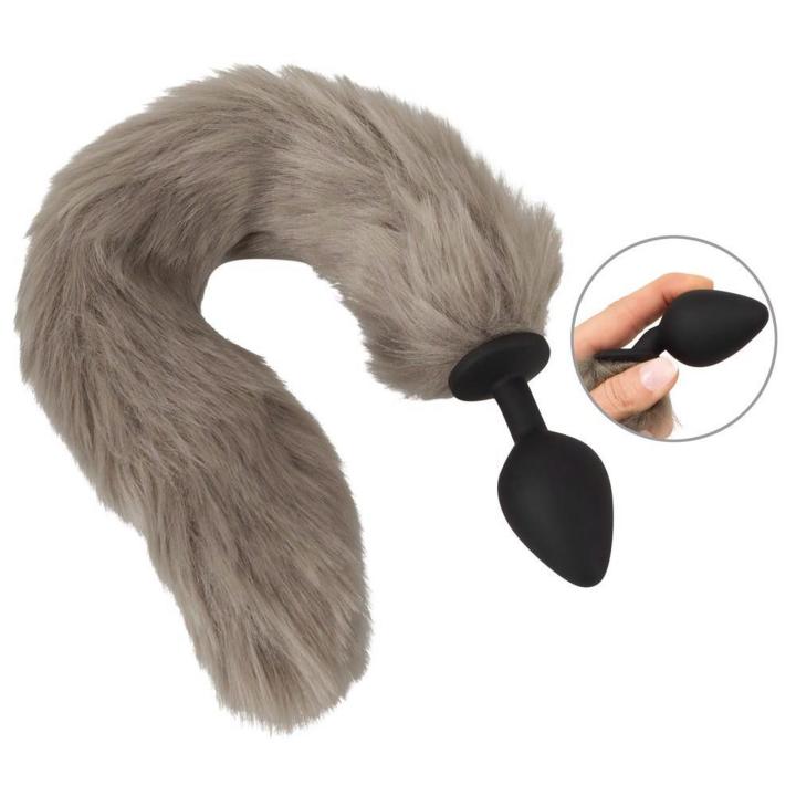 Szary plug analny z puszystym ogonem 45 cm – silikonowy korek do pet play