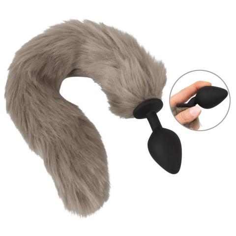 Szary plug analny z puszystym ogonem 45 cm – silikonowy korek do pet play