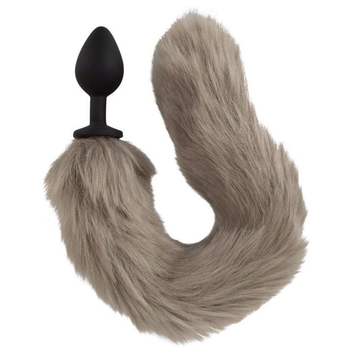 Szary plug analny z puszystym ogonem 45 cm – silikonowy korek do pet play