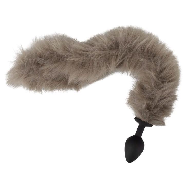 Szary plug analny z puszystym ogonem 45 cm – silikonowy korek do pet play