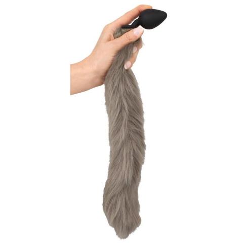 Szary plug analny z puszystym ogonem 45 cm – silikonowy korek do pet play