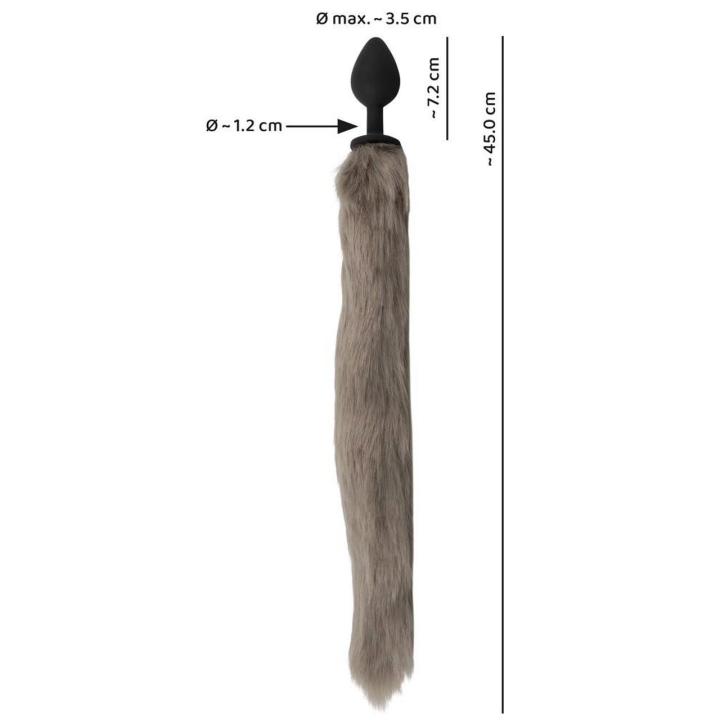 Szary plug analny z puszystym ogonem 45 cm – silikonowy korek do pet play