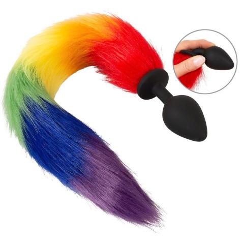 Tęczowy korek analny z ogonem - silikonowy plug do pet play i cosplay