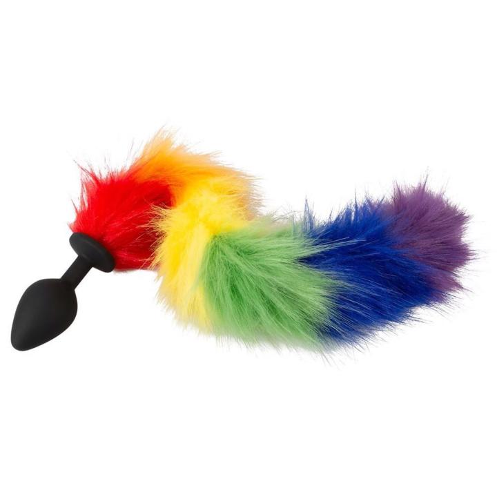 Tęczowy korek analny z ogonem - silikonowy plug do pet play i cosplay