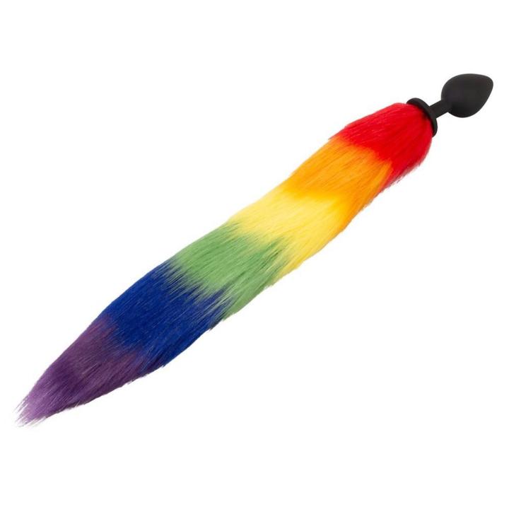 Tęczowy korek analny z ogonem - silikonowy plug do pet play i cosplay
