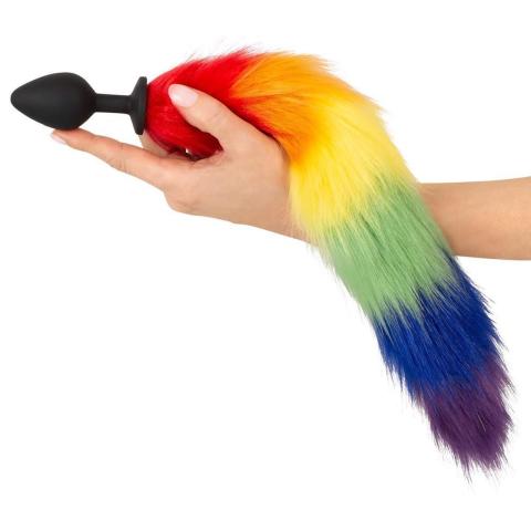 Tęczowy korek analny z ogonem - silikonowy plug do pet play i cosplay