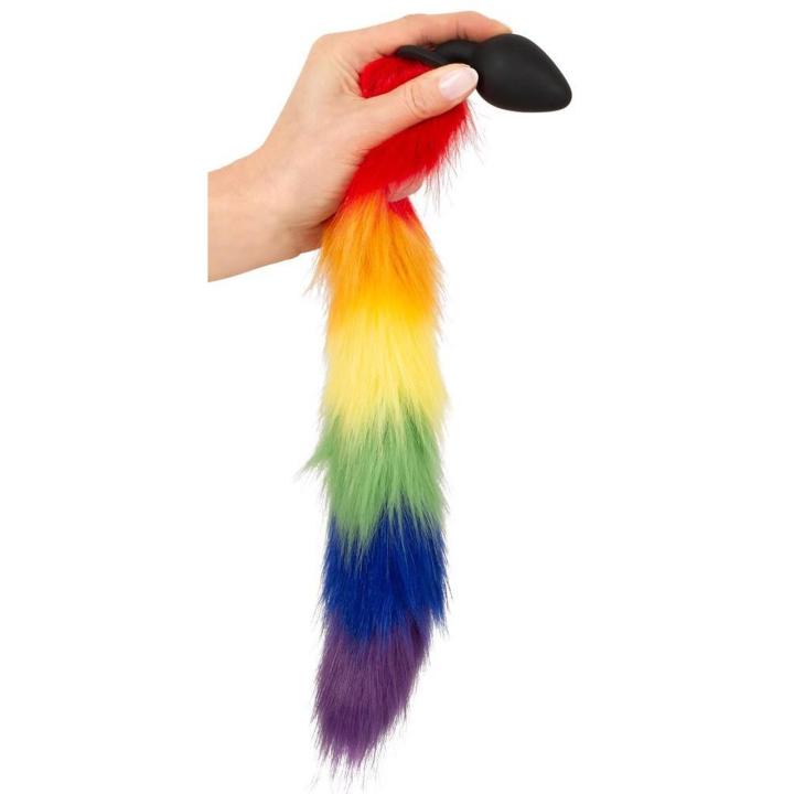 Tęczowy korek analny z ogonem - silikonowy plug do pet play i cosplay