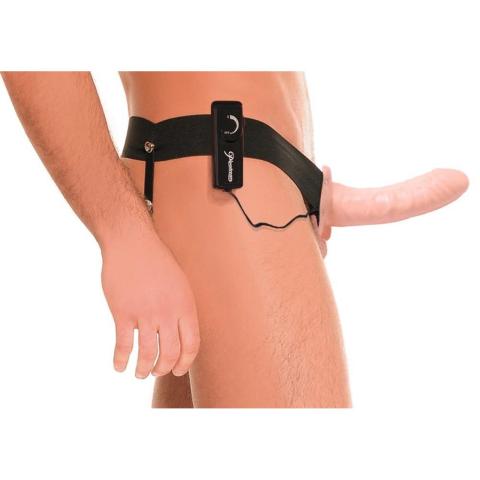 Wibrująca proteza strap-on z pustym wnętrzem i pasem na nogi 17 cm