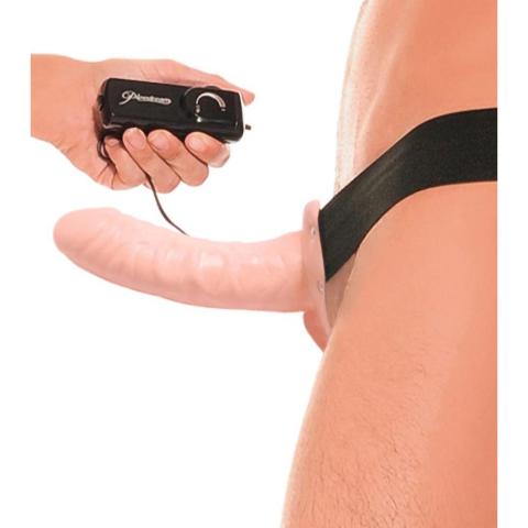 Wibrująca proteza strap-on z pustym wnętrzem i pasem na nogi 17 cm