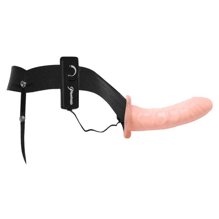 Wibrująca proteza strap-on z pustym wnętrzem i pasem na nogi 17 cm