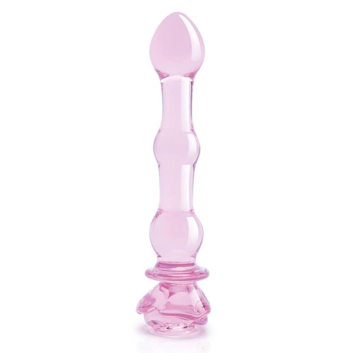 Szklane dildo z koralikami 20,3 cm z różą – gra temperaturą i intensywna stymulacja