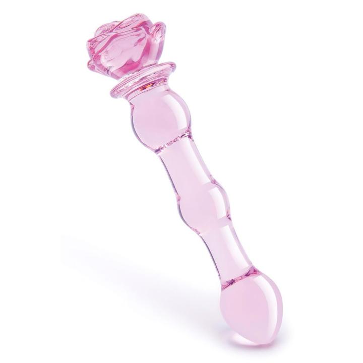 Szklane dildo z koralikami 20,3 cm z różą – gra temperaturą i intensywna stymulacja
