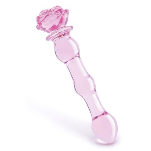 Szklane dildo z koralikami 20,3 cm z różą – gra temperaturą i intensywna stymulacja