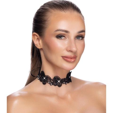 Czarny koronkowy choker z perełkami i kamieniami, regulowany S-L