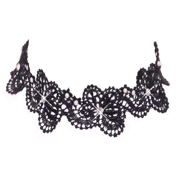 Czarny koronkowy choker z perełkami i kamieniami, regulowany S-L