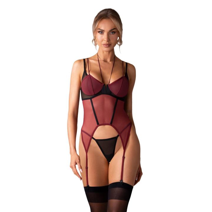 Obsessive Parisel 2XL/3XL - gorset z paskami do pończoch i stringi czarno-bordowy