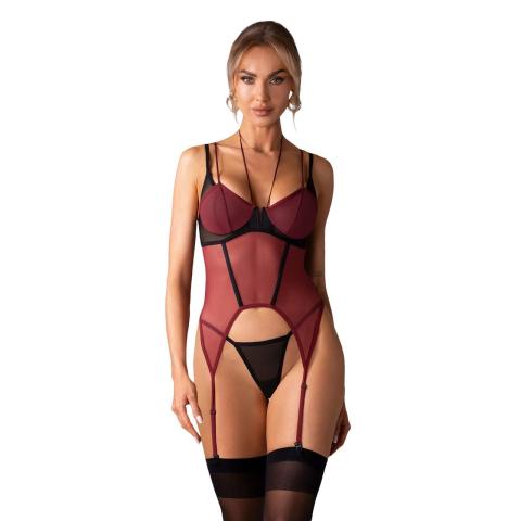 Obsessive Parisel 2XL/3XL - gorset z paskami do pończoch i stringi czarno-bordowy